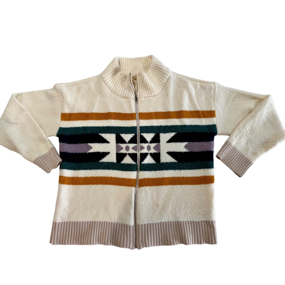 Hem & Thread Womens Southwestern Full Zip Sweater Cream‎ Geometric Mock Neck L